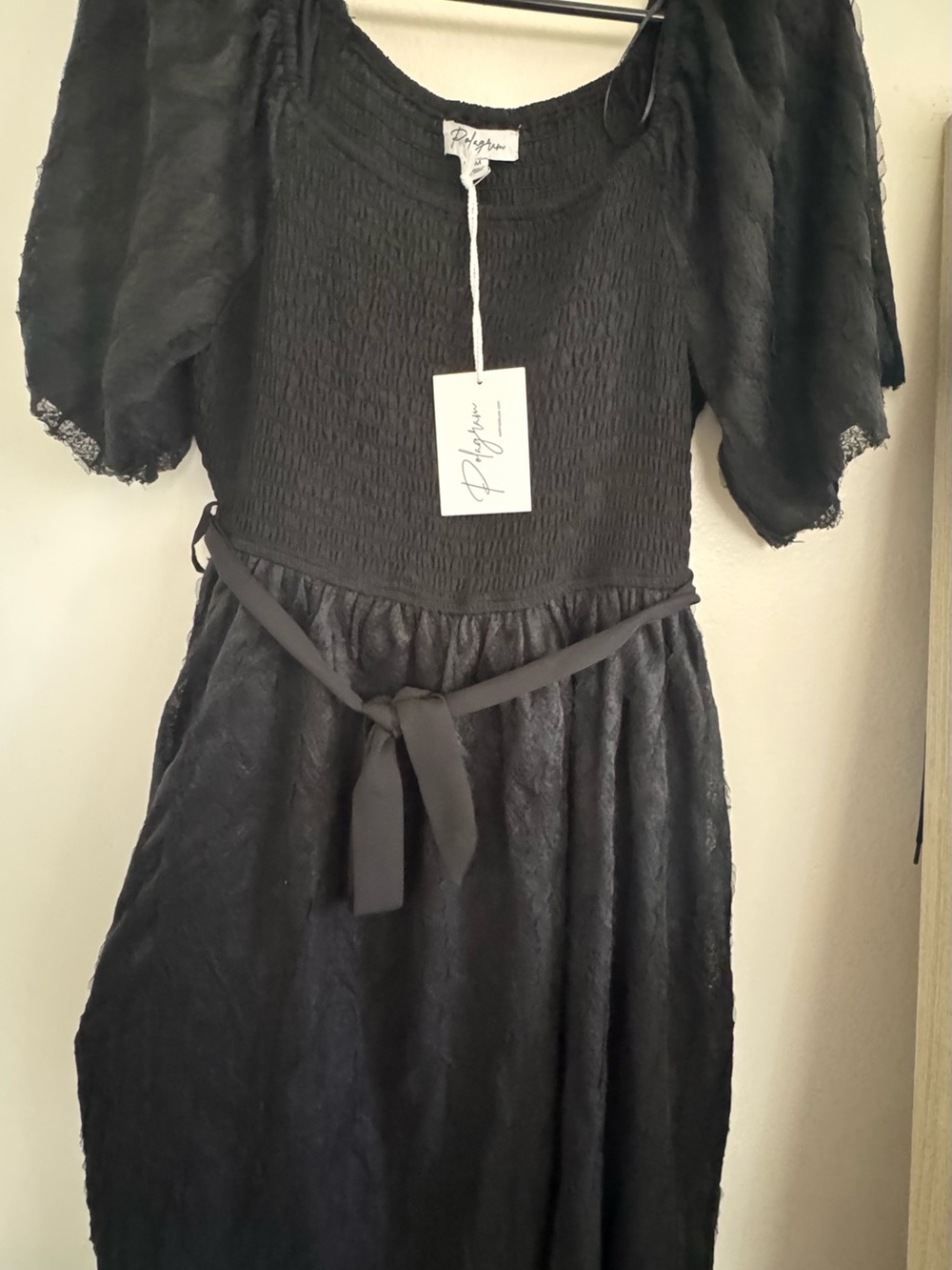 Polagram Black Midi Dress with Puff Sleeves and Waist Tie